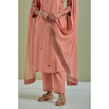 Priya Chaudhary Cotton Embroidered Peach Kurta with Pant and Dupatta (Set of 3)