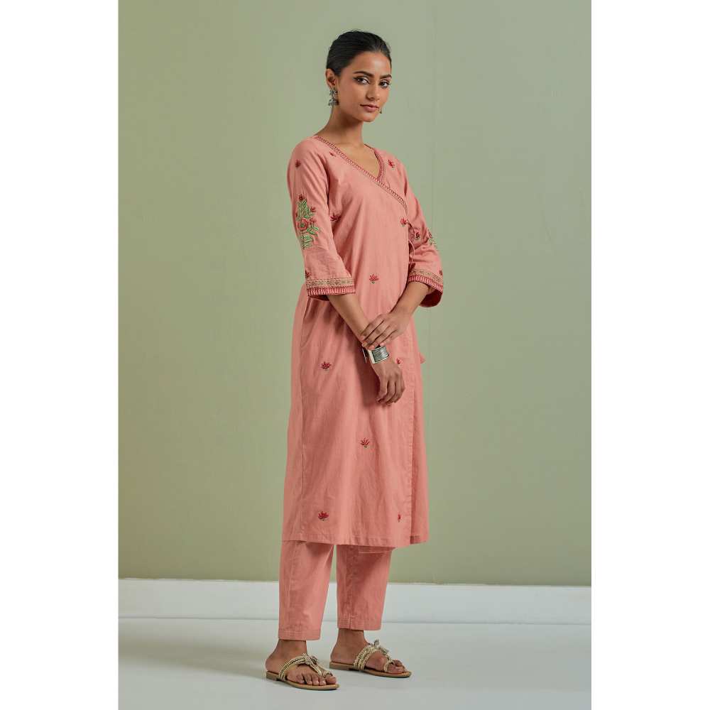 Priya Chaudhary Cotton Embroidered Peach Kurta with Pant (Set of 2)