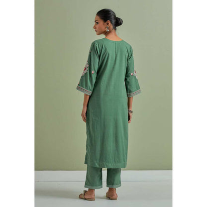Priya Chaudhary Cotton Embroidered Green Kurta with Pant and Dupatta (Set of 3)