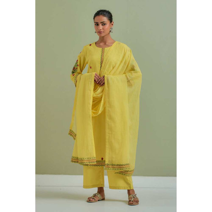 Priya Chaudhary Cotton Embroidered Yellow Kurta with Pant and Dupatta (Set of 3)