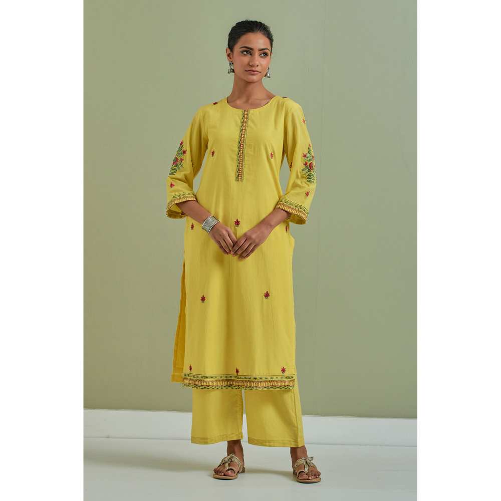 Priya Chaudhary Cotton Embroidered Yellow Kurta with Pant and Dupatta (Set of 3)