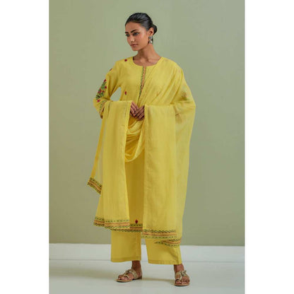 Priya Chaudhary Cotton Embroidered Yellow Kurta with Pant and Dupatta (Set of 3)