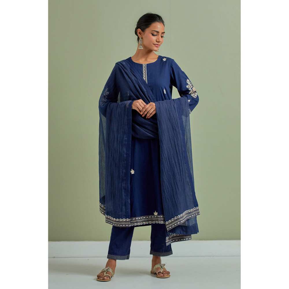 Priya Chaudhary Cotton Embroidered Blue Kurta with Pant and Dupatta (Set of 3)