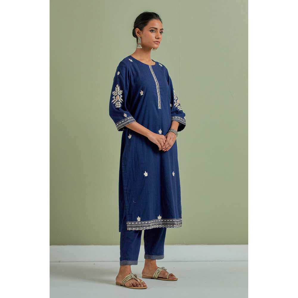 Priya Chaudhary Cotton Embroidered Blue Kurta with Pant and Dupatta (Set of 3)