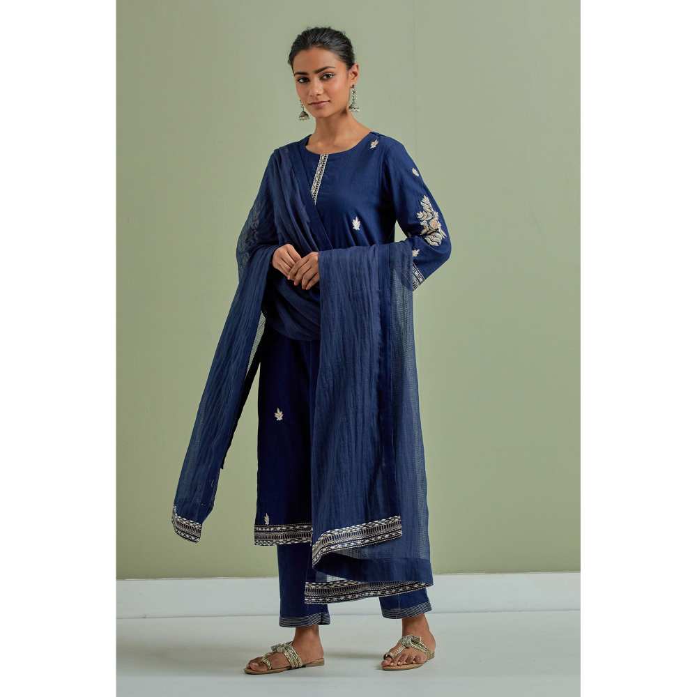 Priya Chaudhary Cotton Embroidered Blue Kurta with Pant and Dupatta (Set of 3)
