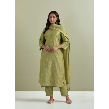 Priya Chaudhary Chanderi Embroidered Green Kurta with Pant and Dupatta (Set of 3)