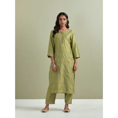 Priya Chaudhary Chanderi Embroidered Green Kurta with Pant (Set of 2)