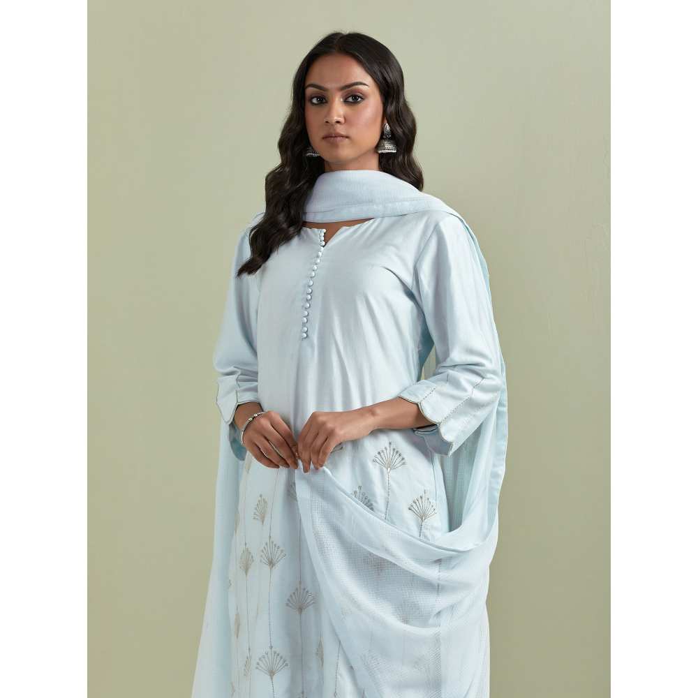 Priya Chaudhary Chanderi Embroidered Powder Blue Kurta with Pant and Dupatta (Set of 3)