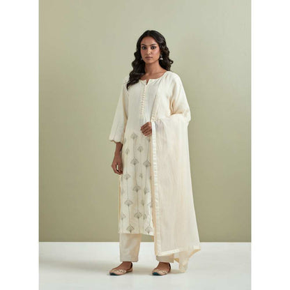 Priya Chaudhary Chanderi Embroidered Off White Kurta with Pant and Dupatta (Set of 3)