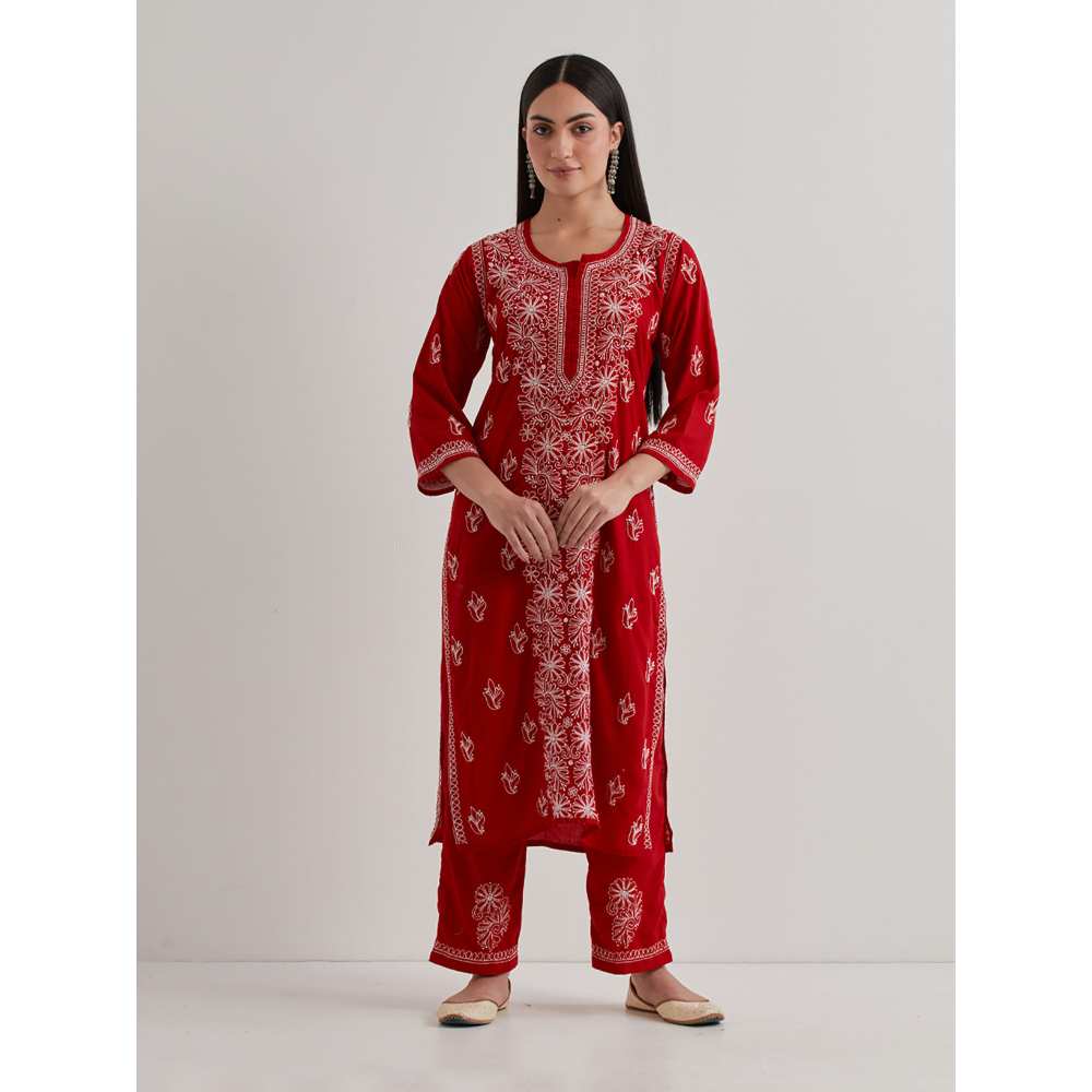 Priya Chaudhary Cotton Embroidered Red Kurta with Pant and Dupatta (Set of 3)