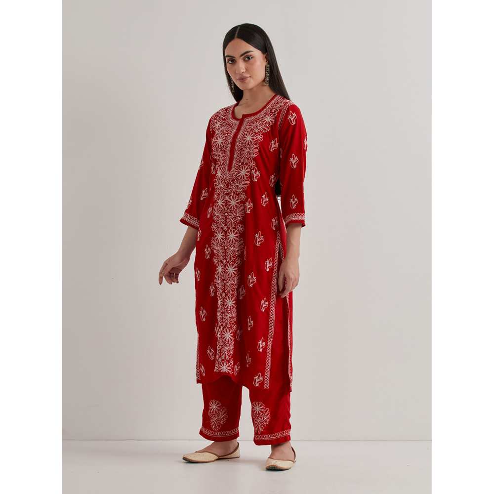 Priya Chaudhary Cotton Embroidered Red Kurta with Pant and Dupatta (Set of 3)