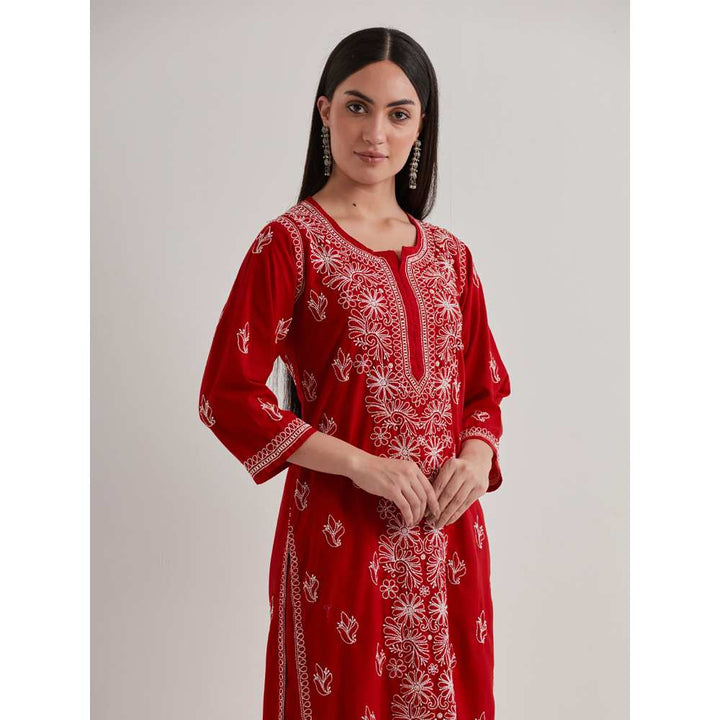 Priya Chaudhary Cotton Embroidered Red Kurta with Pant and Dupatta (Set of 3)