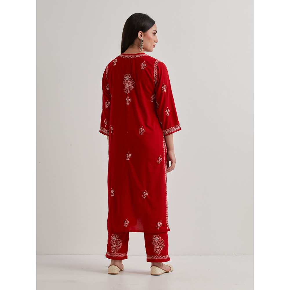 Priya Chaudhary Cotton Embroidered Red Kurta with Pant and Dupatta (Set of 3)