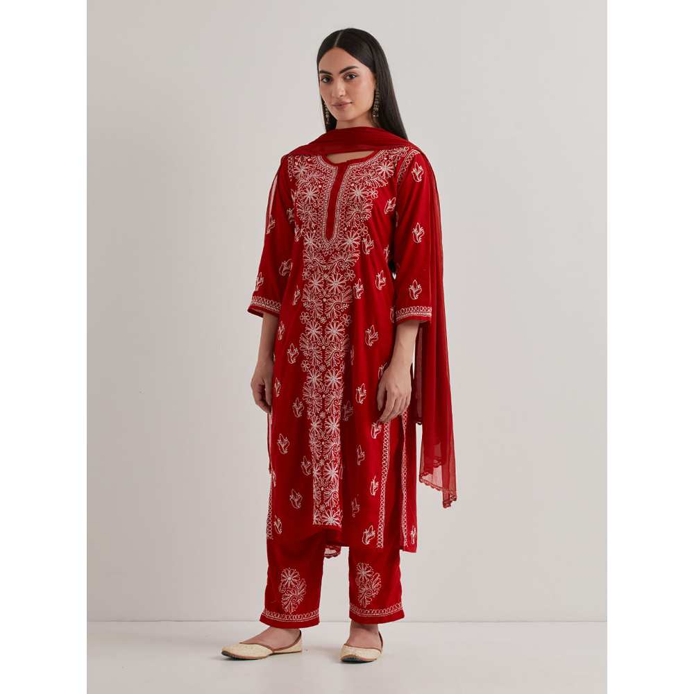 Priya Chaudhary Cotton Embroidered Red Kurta with Pant and Dupatta (Set of 3)
