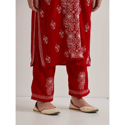 Priya Chaudhary Cotton Embroidered Red Kurta with Pant and Dupatta (Set of 3)