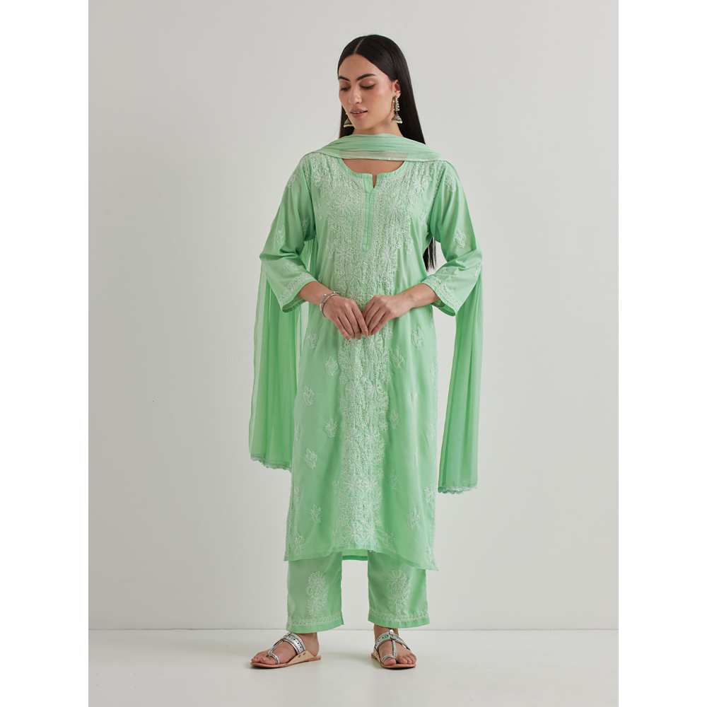 Priya Chaudhary Cotton Embroidered Green Kurta with Pant and Dupatta (Set of 3)