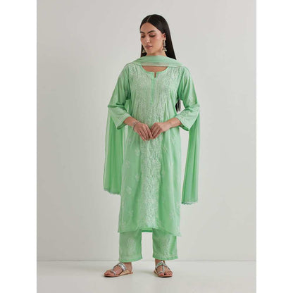Priya Chaudhary Cotton Embroidered Green Kurta with Pant and Dupatta (Set of 3)