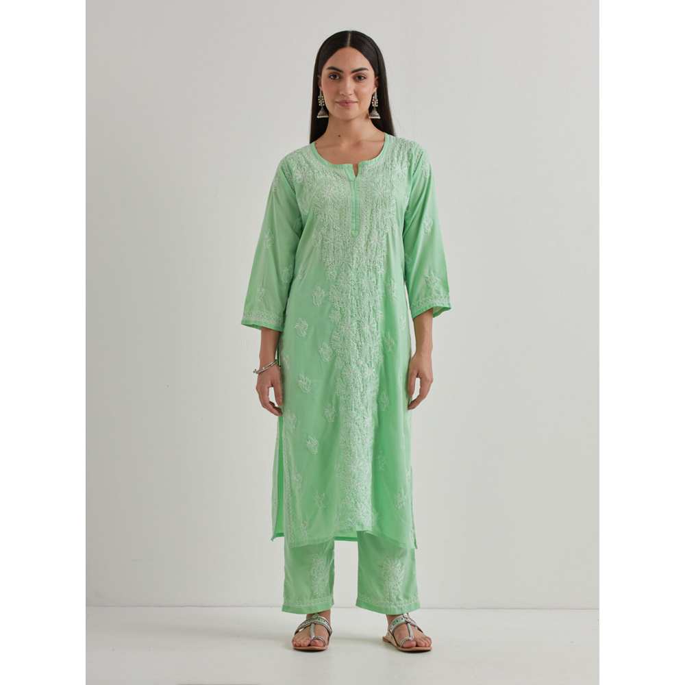 Priya Chaudhary Cotton Embroidered Green Kurta with Pant and Dupatta (Set of 3)