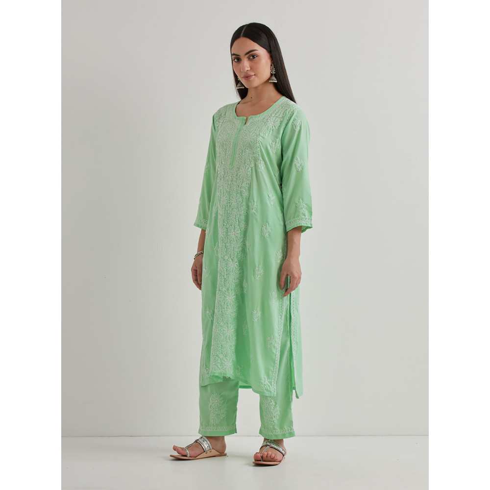 Priya Chaudhary Cotton Embroidered Green Kurta with Pant and Dupatta (Set of 3)