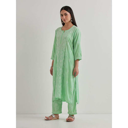 Priya Chaudhary Cotton Embroidered Green Kurta with Pant and Dupatta (Set of 3)