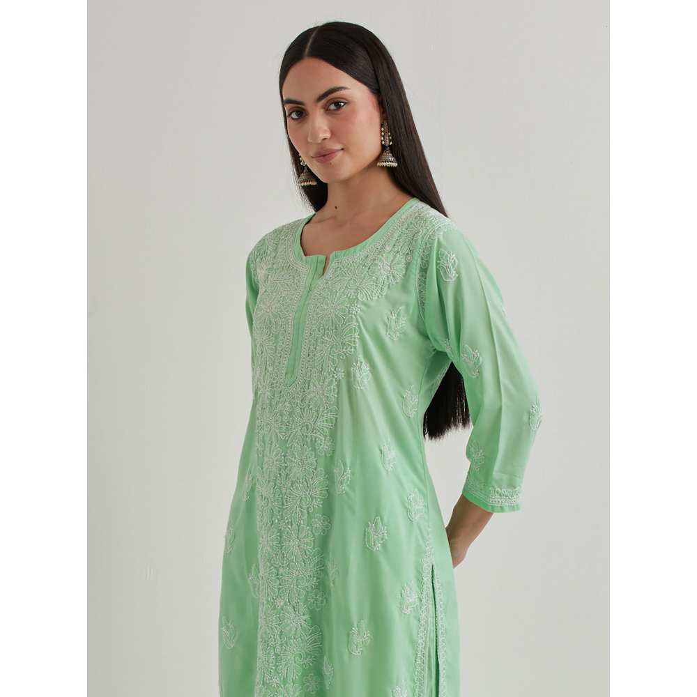 Priya Chaudhary Cotton Embroidered Green Kurta with Pant and Dupatta (Set of 3)