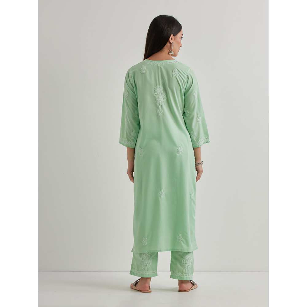 Priya Chaudhary Cotton Embroidered Green Kurta with Pant and Dupatta (Set of 3)