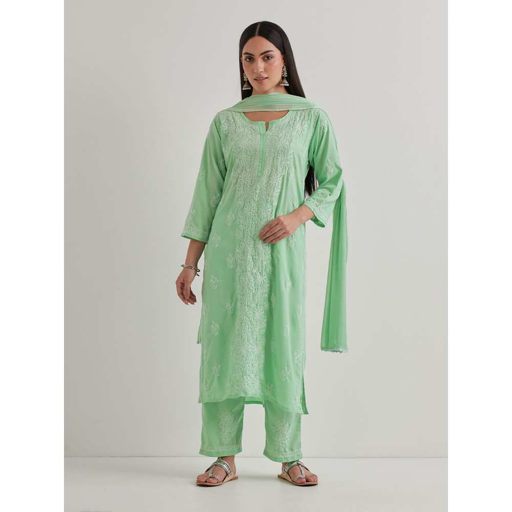 Priya Chaudhary Cotton Embroidered Green Kurta with Pant and Dupatta (Set of 3)