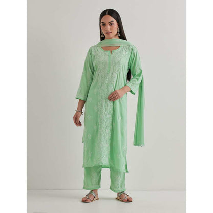 Priya Chaudhary Cotton Embroidered Green Kurta with Pant and Dupatta (Set of 3)