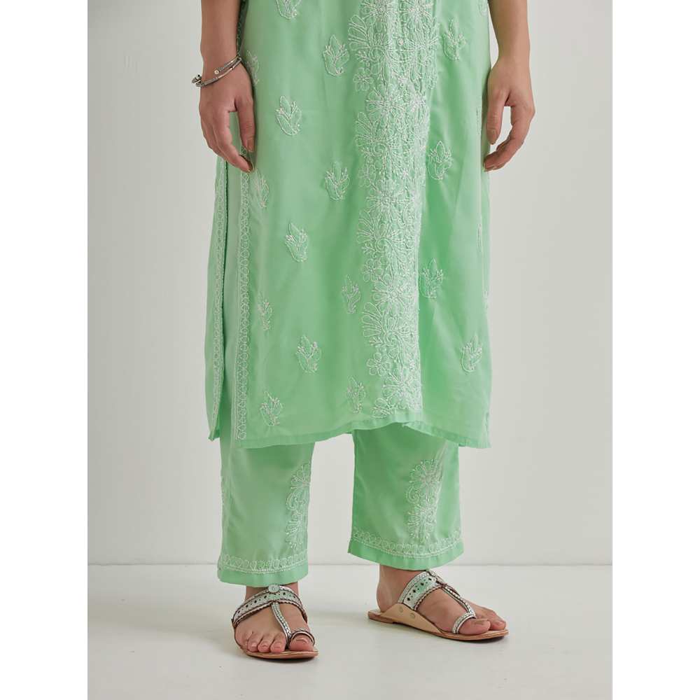 Priya Chaudhary Cotton Embroidered Green Kurta with Pant and Dupatta (Set of 3)