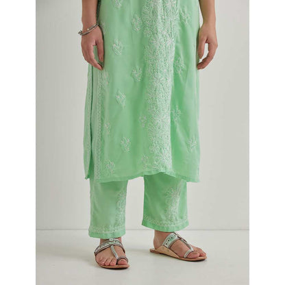 Priya Chaudhary Cotton Embroidered Green Kurta with Pant and Dupatta (Set of 3)