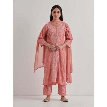 Priya Chaudhary Cotton Embroidered Peach Kurta with Pant and Dupatta (Set of 3)
