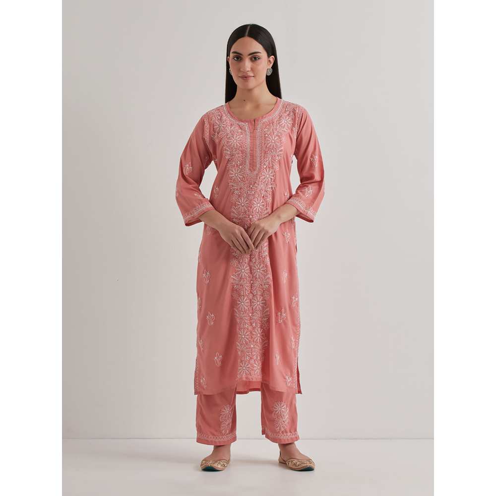 Priya Chaudhary Cotton Embroidered Peach Kurta with Pant and Dupatta (Set of 3)