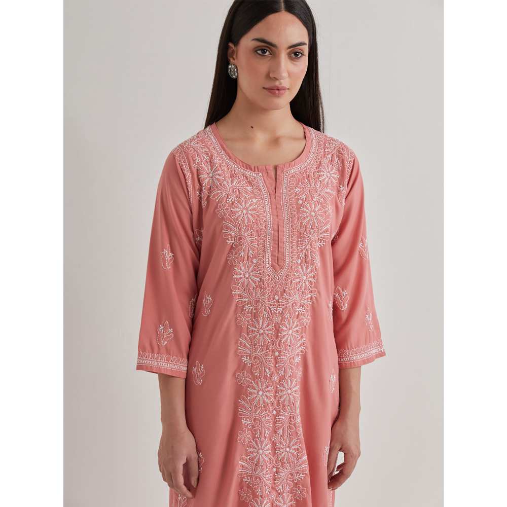 Priya Chaudhary Cotton Embroidered Peach Kurta with Pant and Dupatta (Set of 3)
