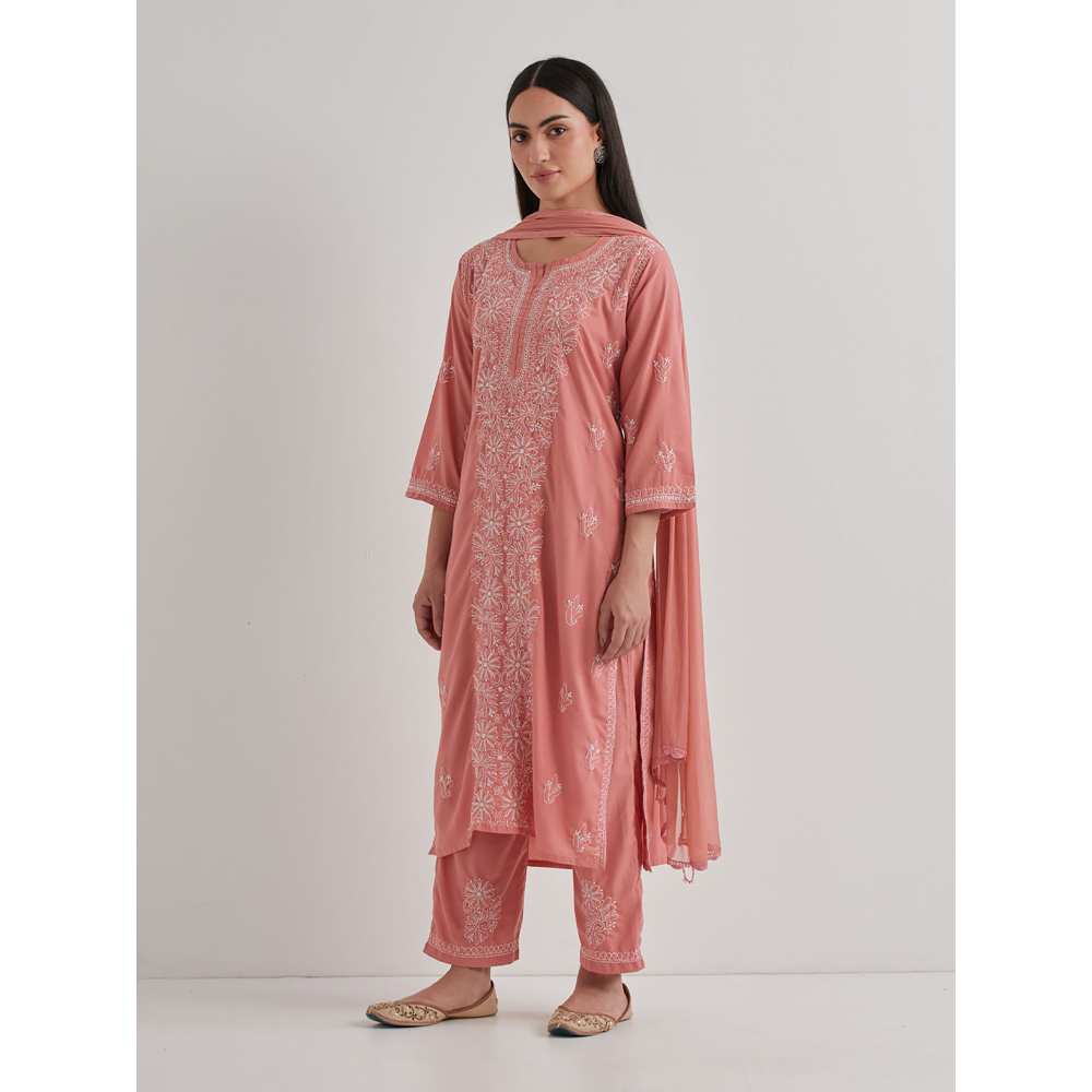 Priya Chaudhary Cotton Embroidered Peach Kurta with Pant and Dupatta (Set of 3)