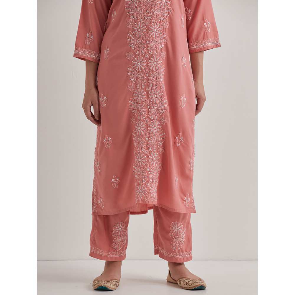 Priya Chaudhary Cotton Embroidered Peach Kurta with Pant and Dupatta (Set of 3)