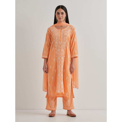 Priya Chaudhary Cotton Embroidered Orange Kurta with Pant and Dupatta (Set of 3)
