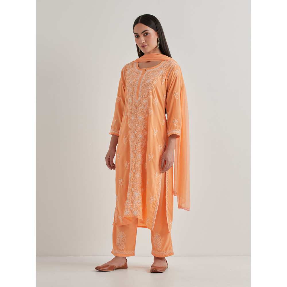 Priya Chaudhary Cotton Embroidered Orange Kurta with Pant and Dupatta (Set of 3)