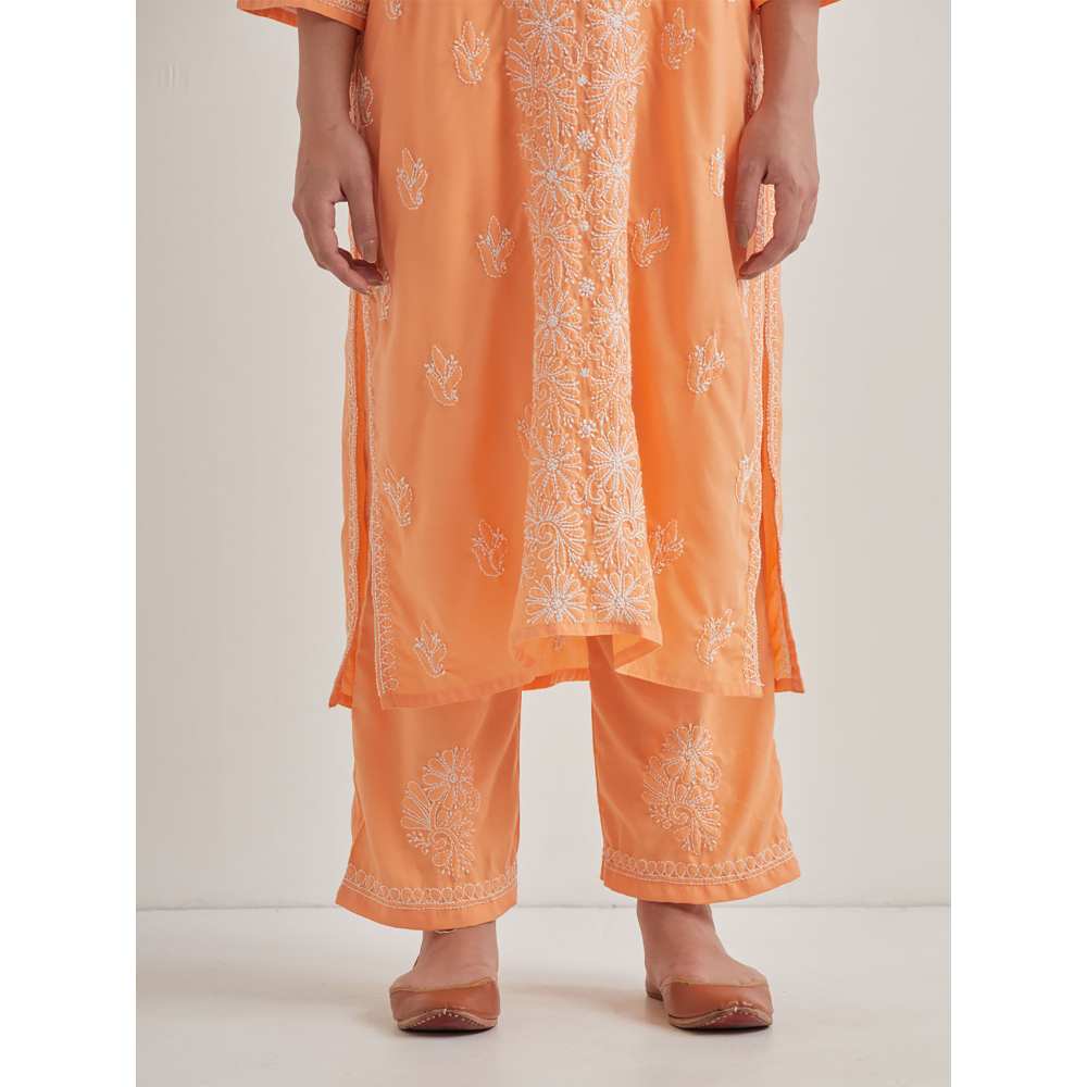 Priya Chaudhary Cotton Embroidered Orange Kurta with Pant and Dupatta (Set of 3)