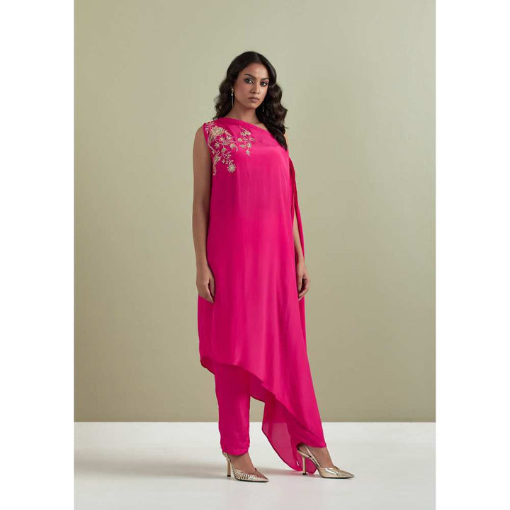 Priya Chaudhary Pink Embroidered Crepe Kurta with Pants (Set of 2)