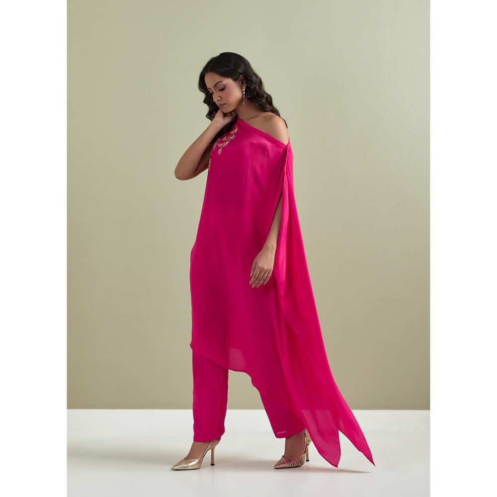 Priya Chaudhary Pink Embroidered Crepe Kurta with Pants (Set of 2)