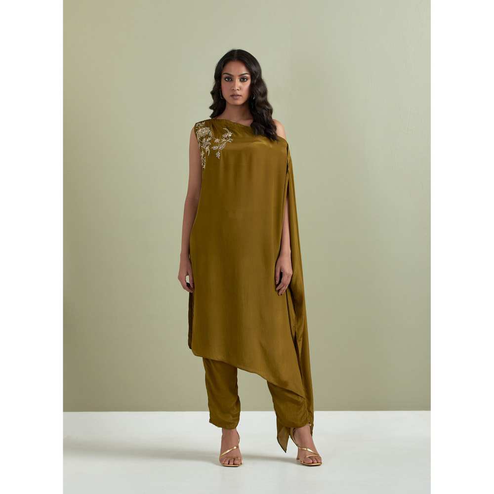 Priya Chaudhary Olive Embroidered Crepe Kurta with Pants (Set of 2)