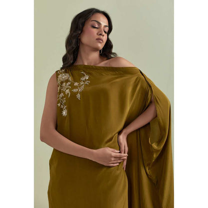Priya Chaudhary Olive Embroidered Crepe Kurta with Pants (Set of 2)