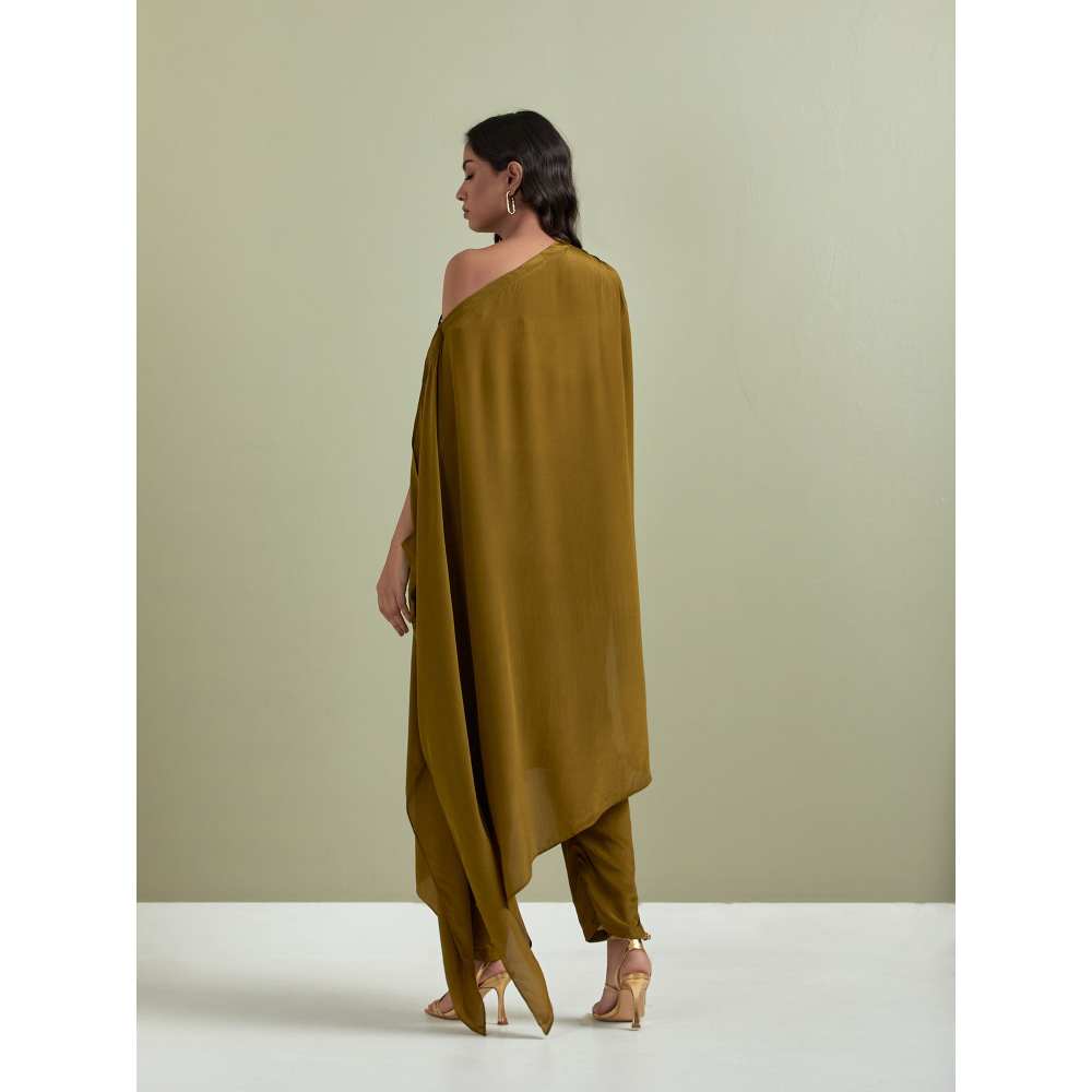 Priya Chaudhary Olive Embroidered Crepe Kurta with Pants (Set of 2)