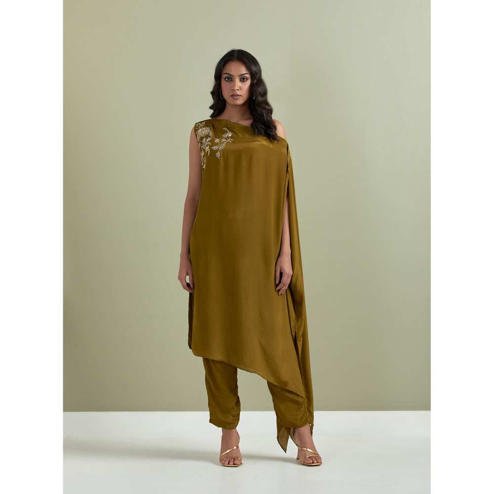 Priya Chaudhary Olive Embroidered Crepe Kurta