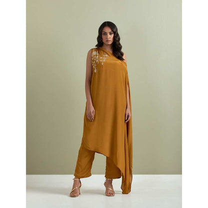 Priya Chaudhary Mustard Embroidered Crepe Kurta with Pants (Set of 2)