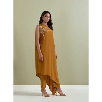 Priya Chaudhary Mustard Embroidered Crepe Kurta with Pants (Set of 2)