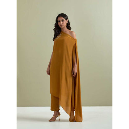 Priya Chaudhary Mustard Embroidered Crepe Kurta with Pants (Set of 2)