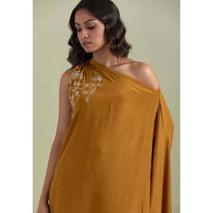 Priya Chaudhary Mustard Embroidered Crepe Kurta with Pants (Set of 2)