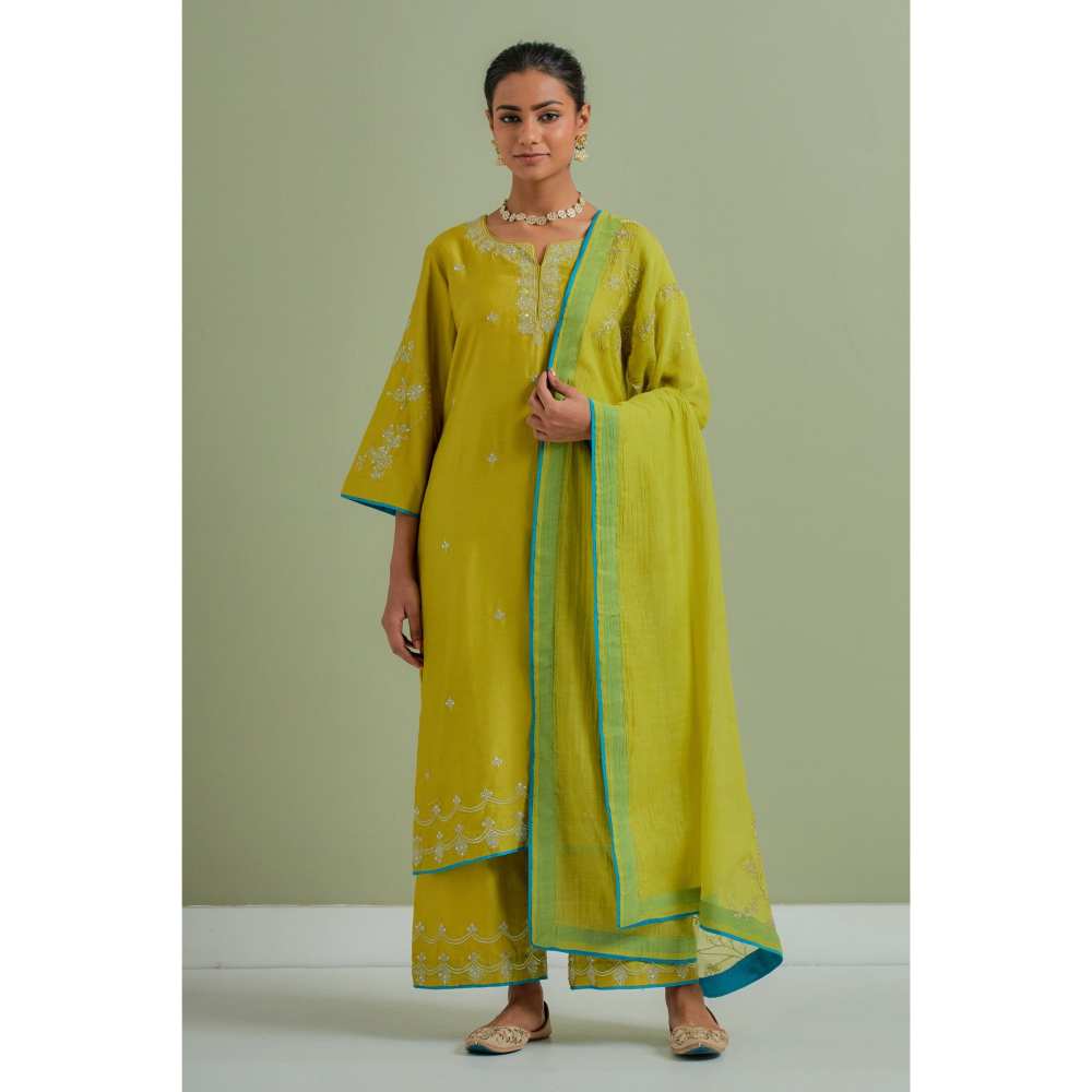 Priya Chaudhary Green Embroidered Chanderi Silk Kurta Palazzo and Dupatta (Set of 3)