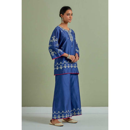 Priya Chaudhary Blue Embroidered Chanderi Silk Kurti with Palazzo (Set of 2)